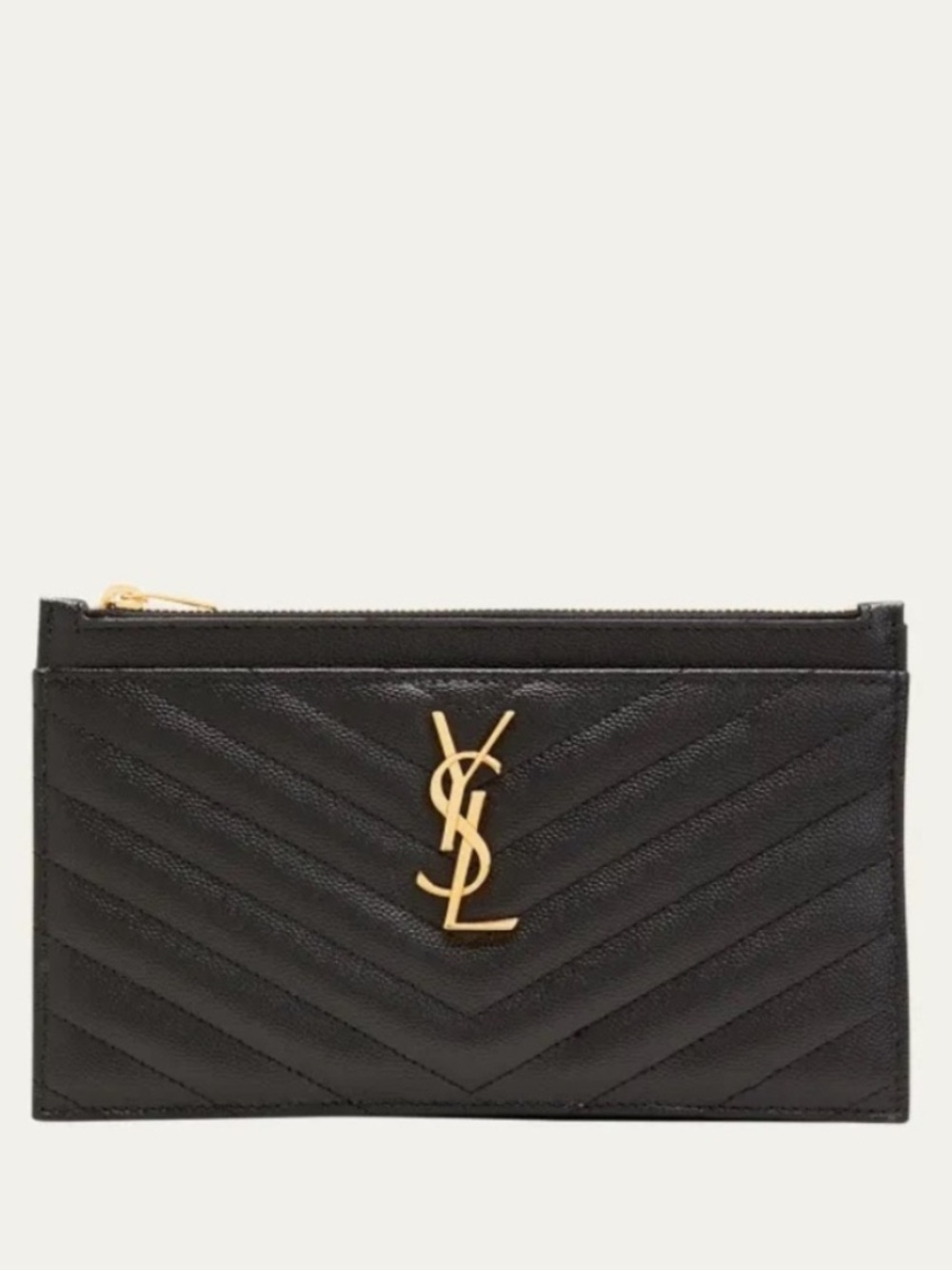 Saint Laurent Cassandre Zip Pouch Clutch Black Grain De Poudre Leather Gold YSL